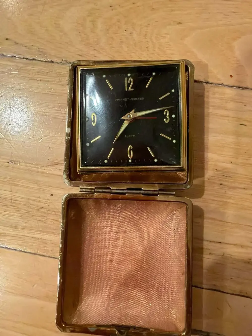 Vintage‎ Phinney-Walker Travel Alarm Clock with Red Leather Folding Case